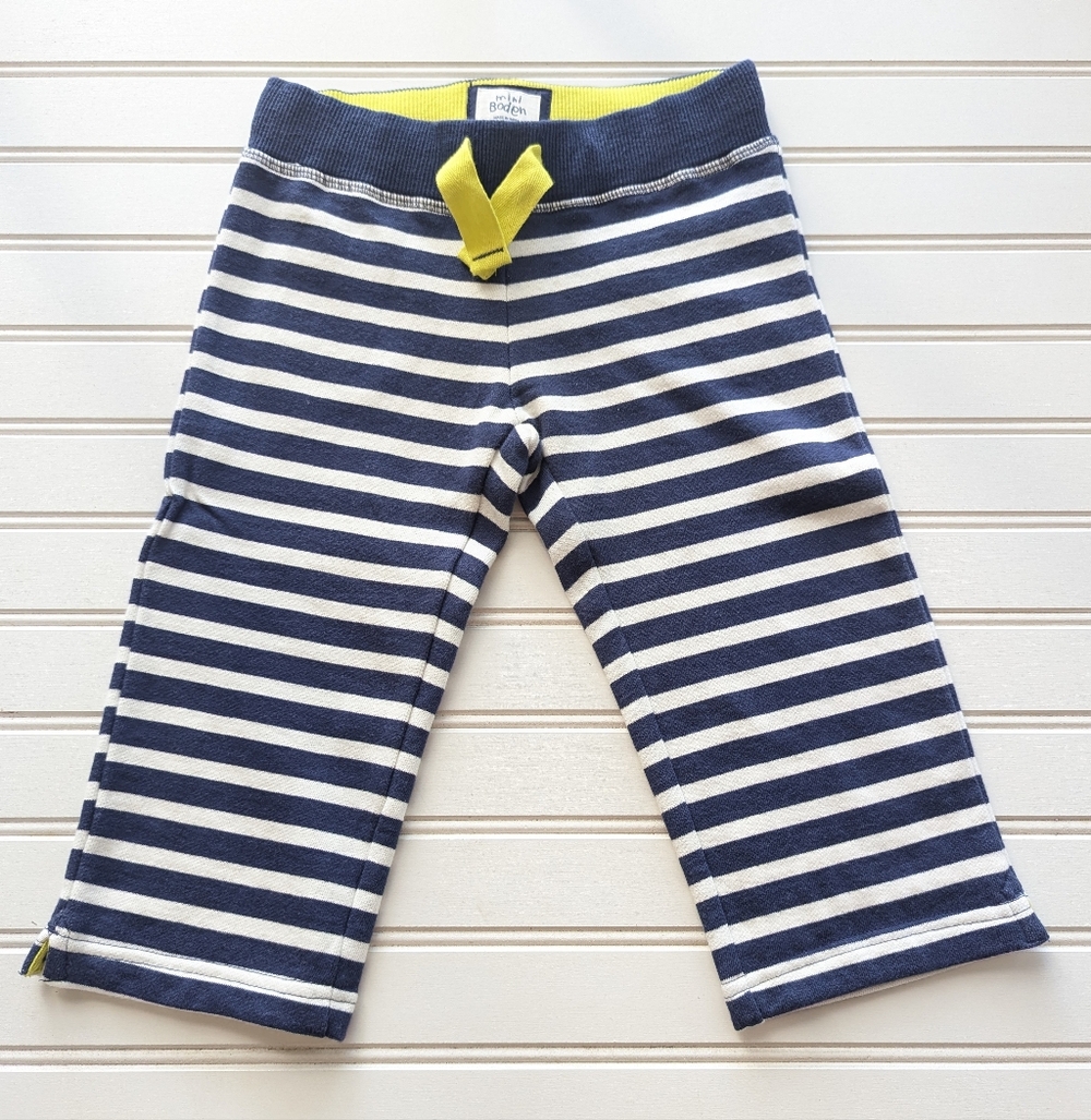 Mini Boden Navy and White Striped Shorts with Yellow Drawstring